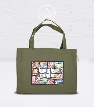 Healthygarden Shopping Bag XXL. Grüne Tasche mit Comic-Style-Aufdruck.